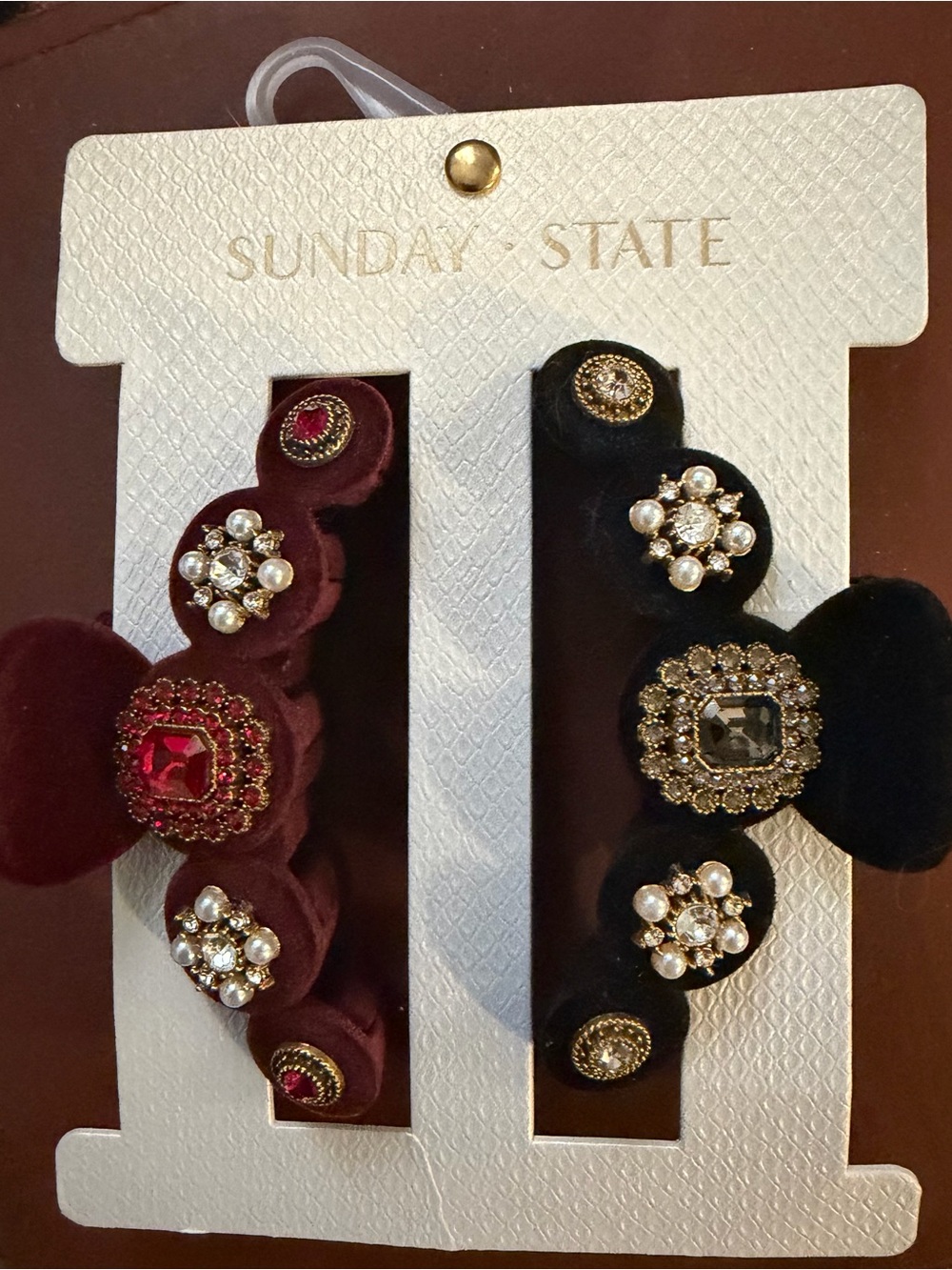 Sunday State Velvet Decorative Button Cluster Hair Clips - Burgundy & Black